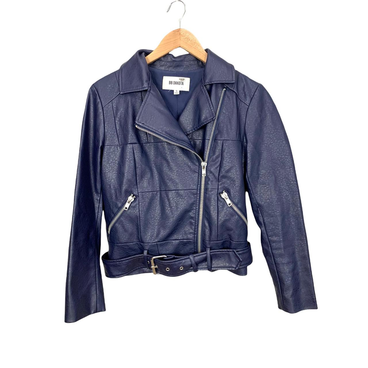 BB Dakota Navy Blue Faux Leather Moto Jacket S Small... - Depop