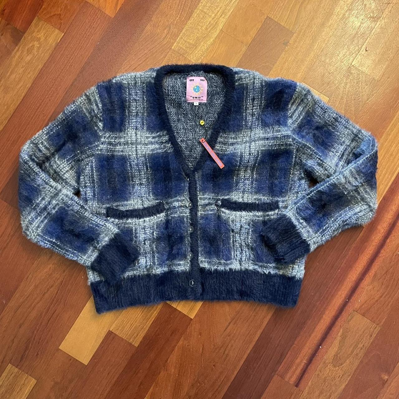 Unif Ty Cardigan Blue fuzzy plaid cardigan from... - Depop