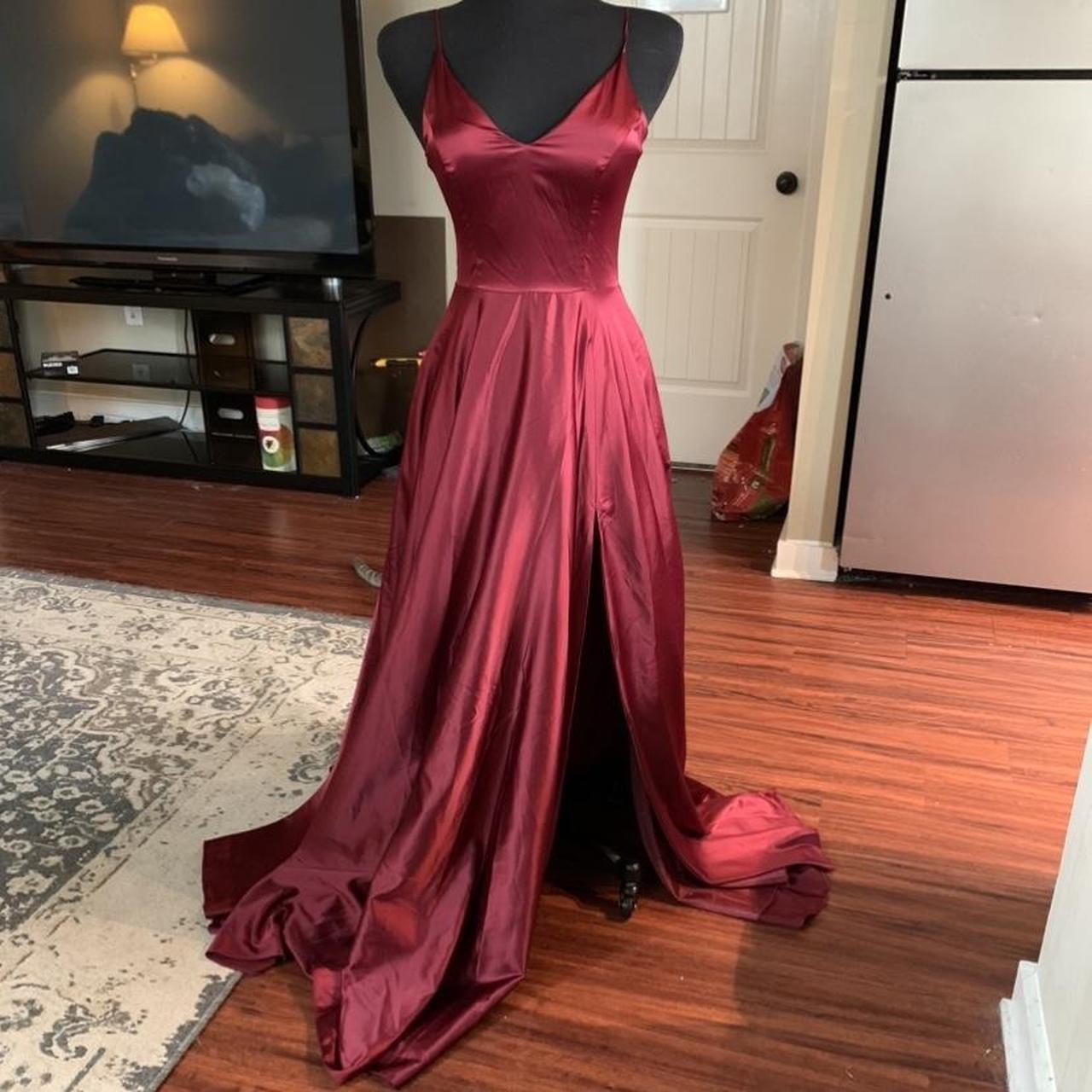 B. Darlin Burgundy V-neck Satin Gown. Perfect For... - Depop