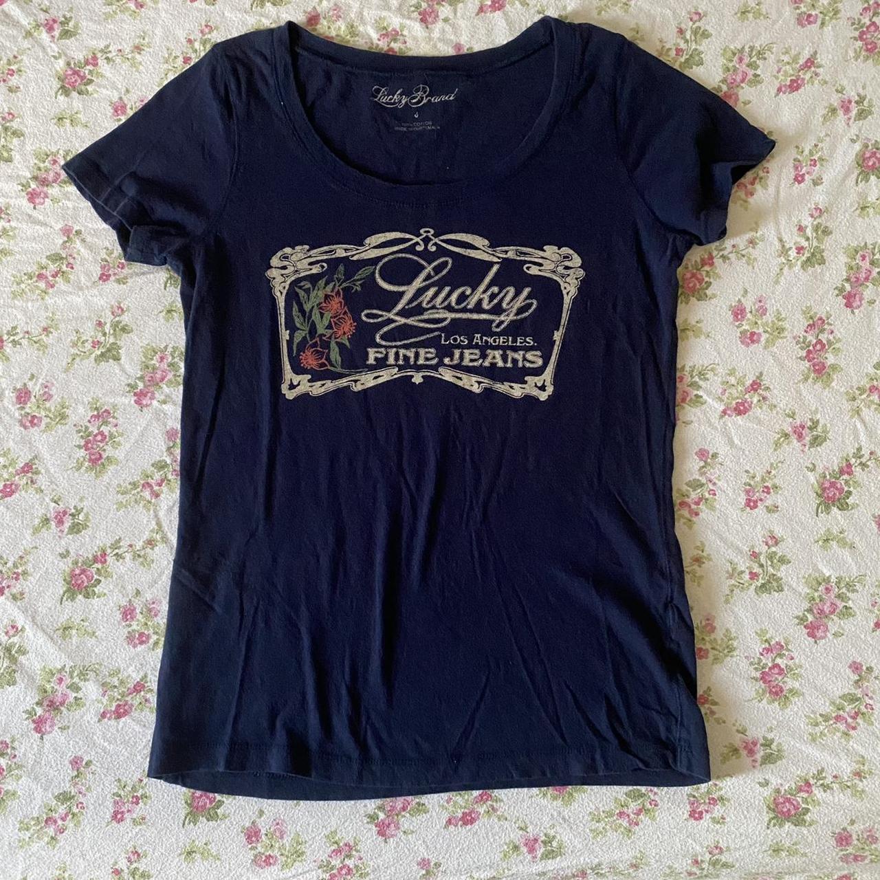 Size small Lucky Brand navy blue, wide neck tee... - Depop