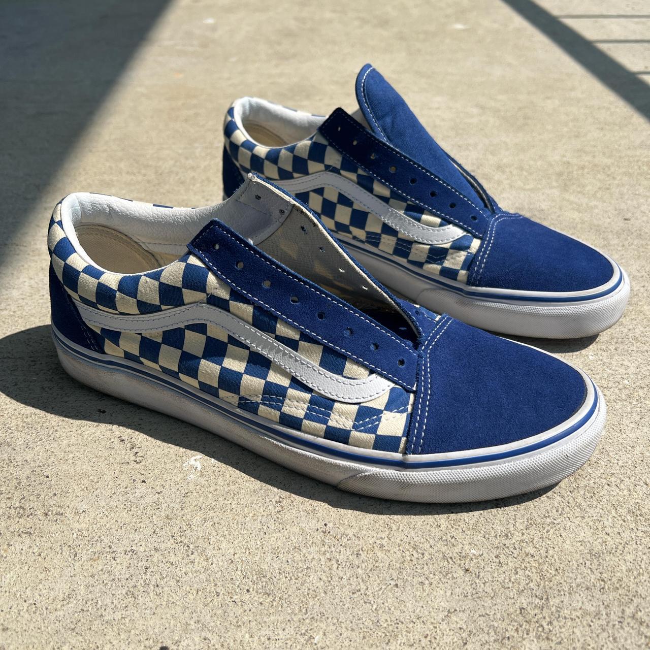 Vans Old Skool blue and white checkered low tops. Depop