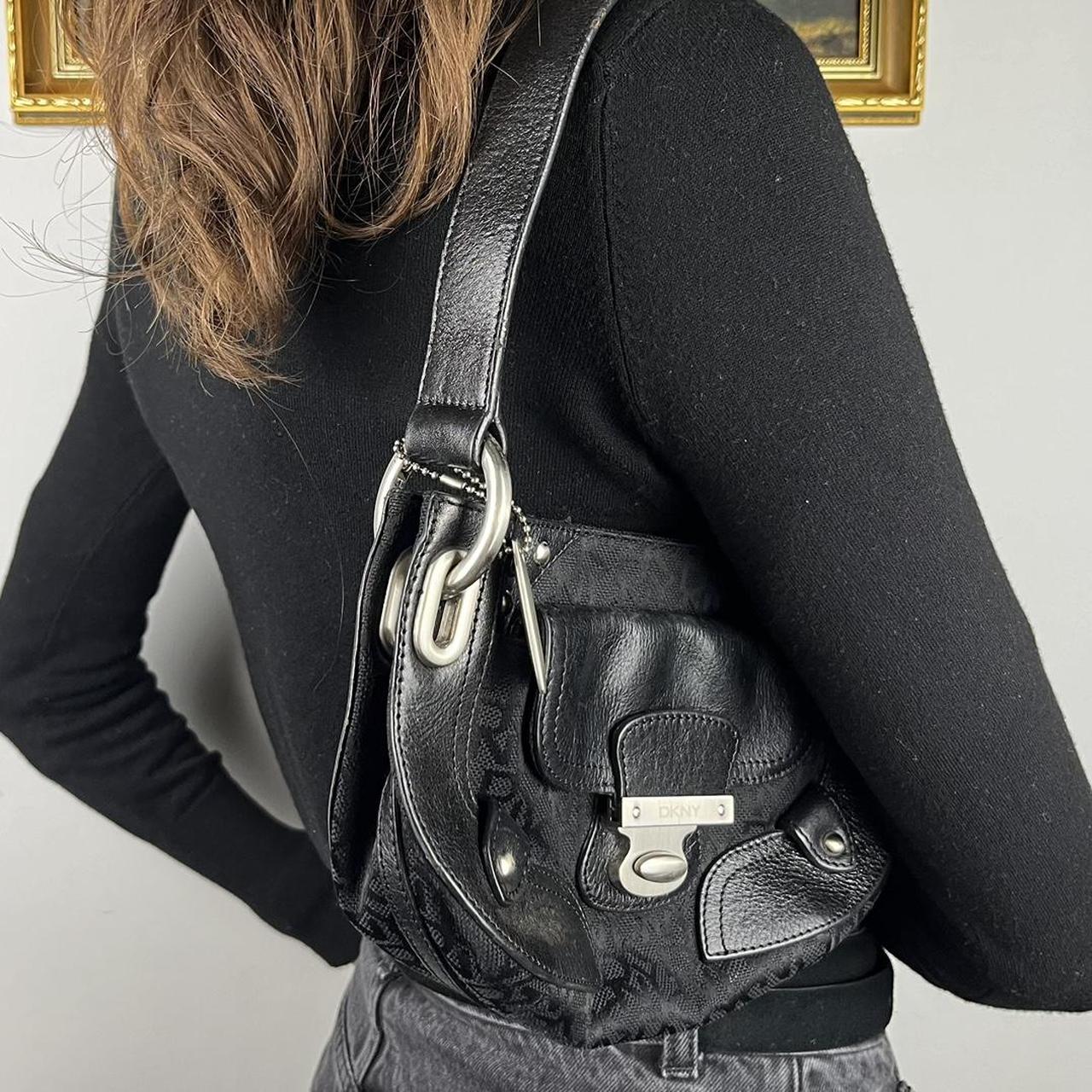 DKNY Vintage Black Monogram Canvas Leather Mini Bag... - Depop