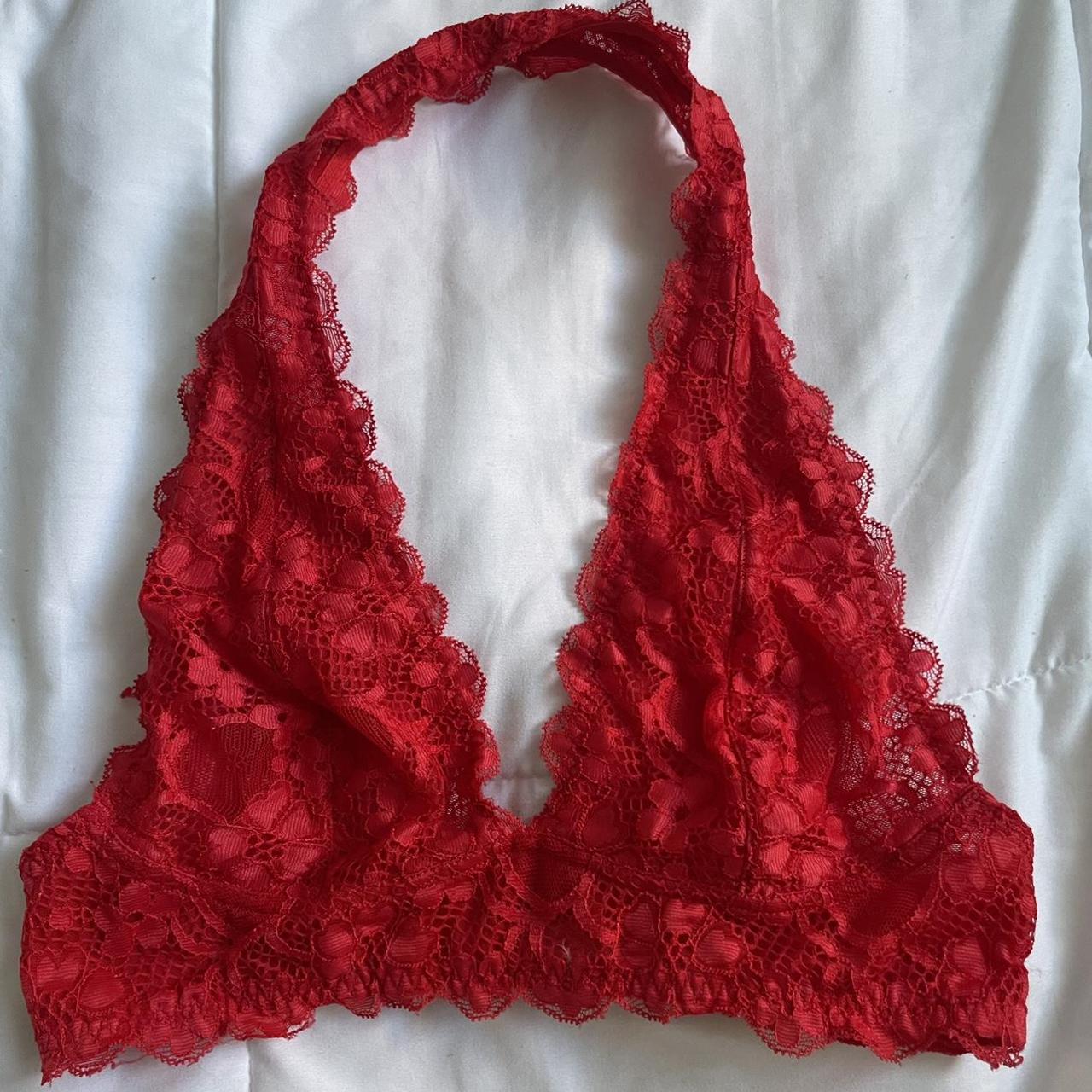 Red lace bralette Low v neckline Halter Back size... Depop