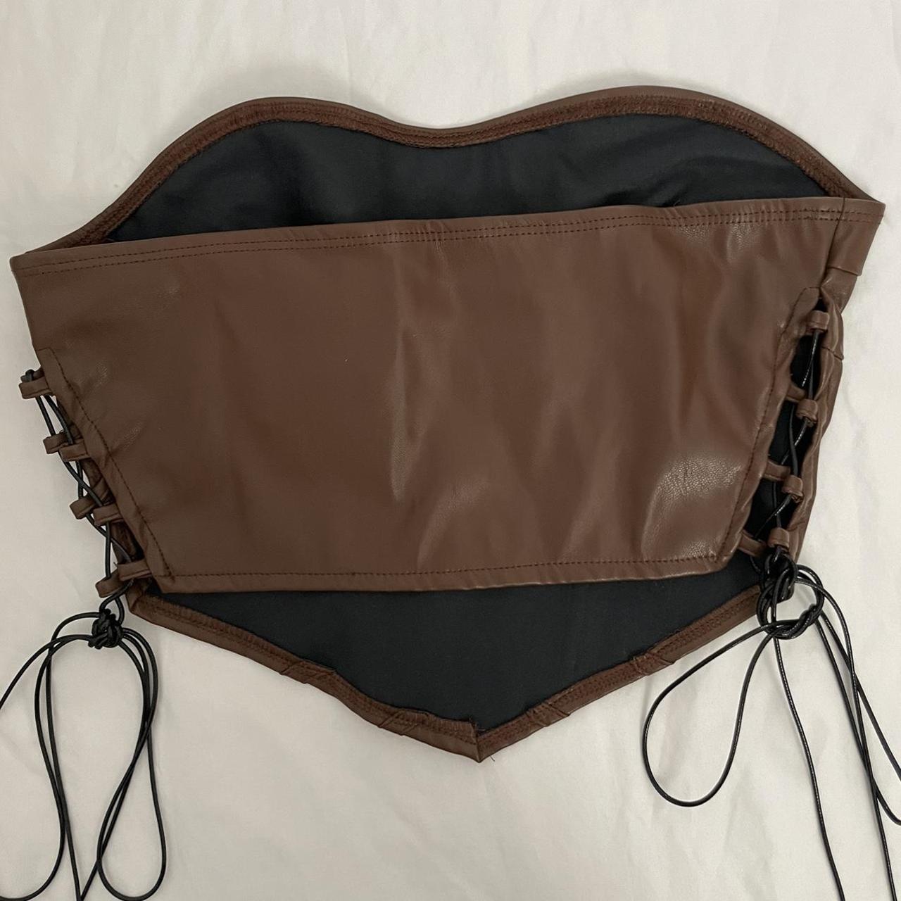 Brown Faux Leather Corset with back tie and front - Depop