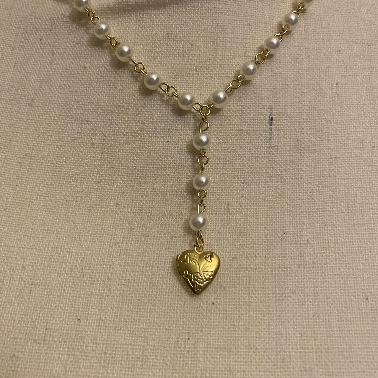 Beautiful gold pearl beaded necklace with gold heart... - Depop