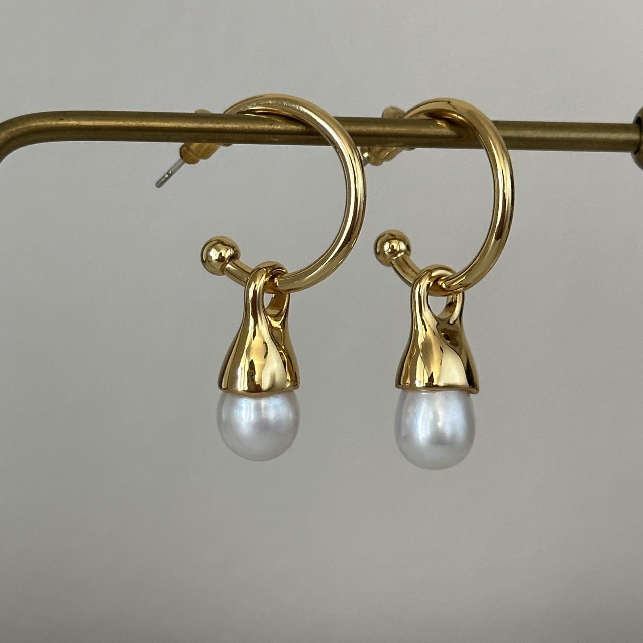 Gold hoop freshwater real pearl dangle... - Depop