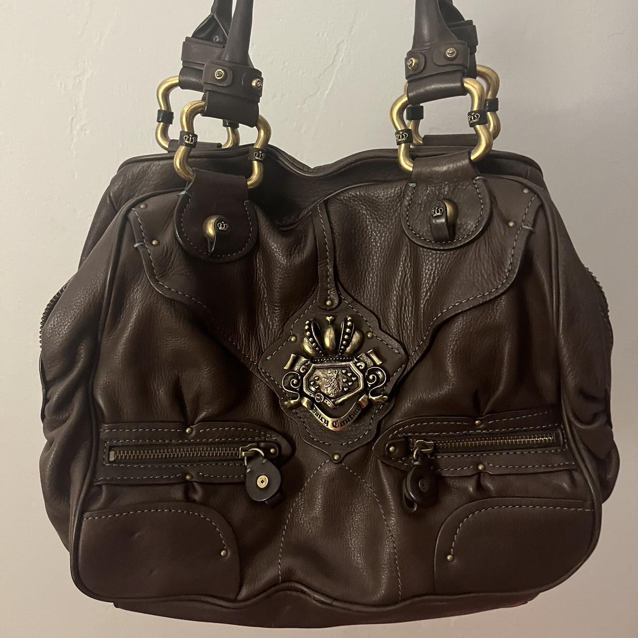 Y2K BROWN LEATHER JUICY COUTURE BAG purple satin... - Depop