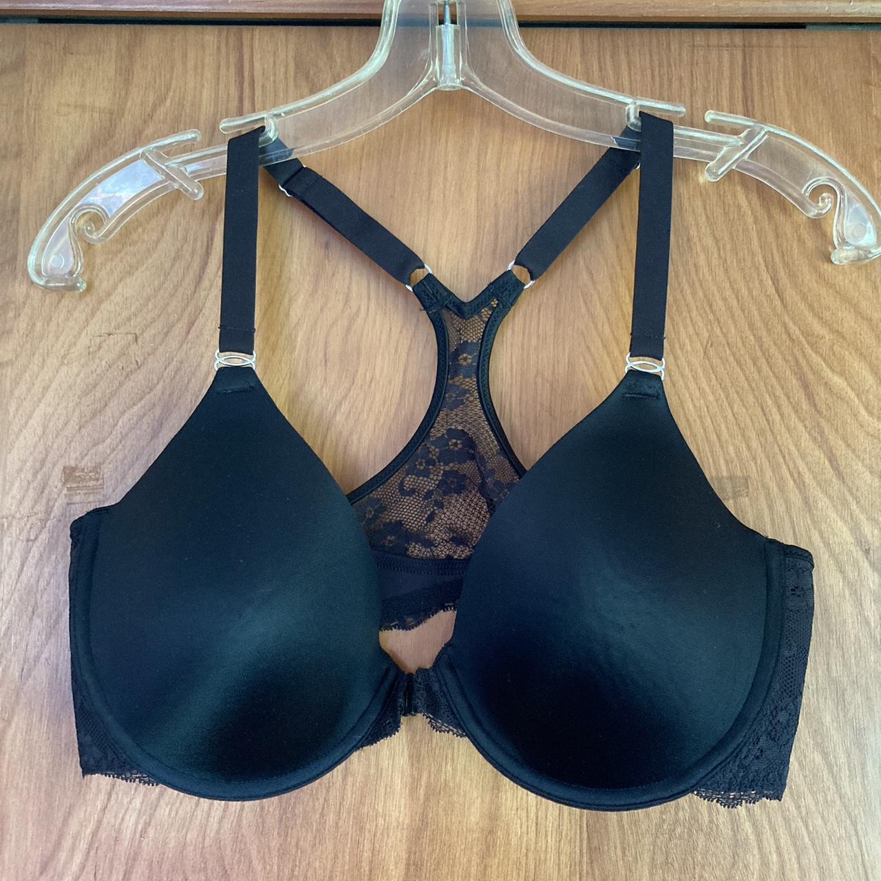 Black lace racerback bra with front clasp. Used but - Depop