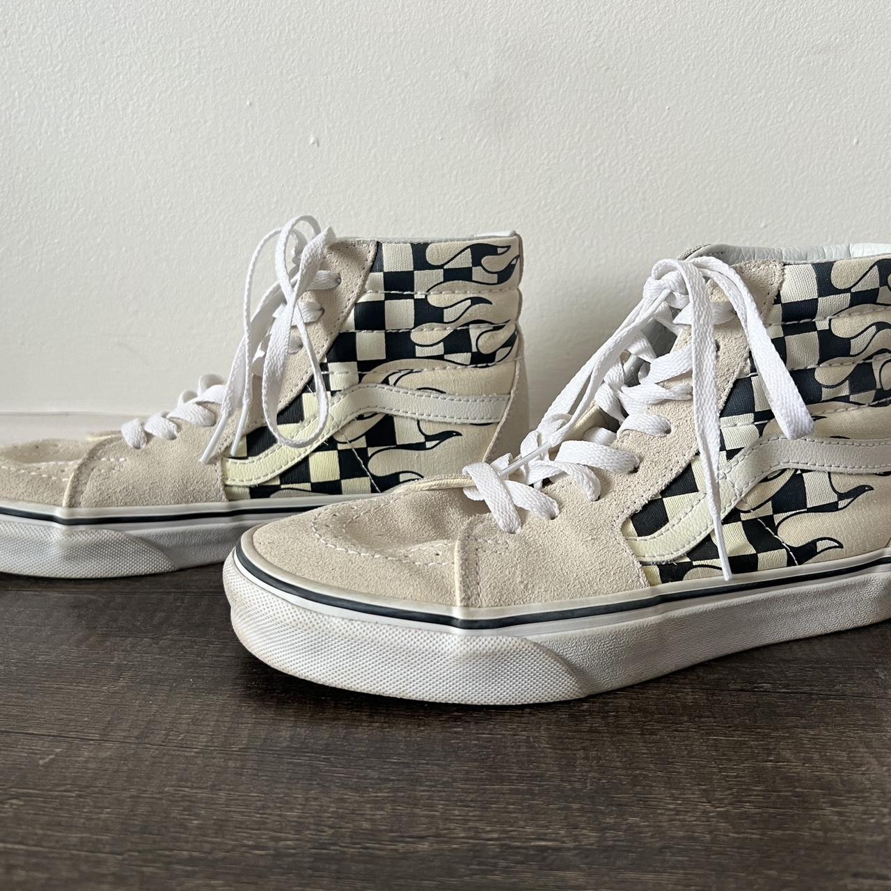 High Top Vans with Checkered Flame Design US Depop