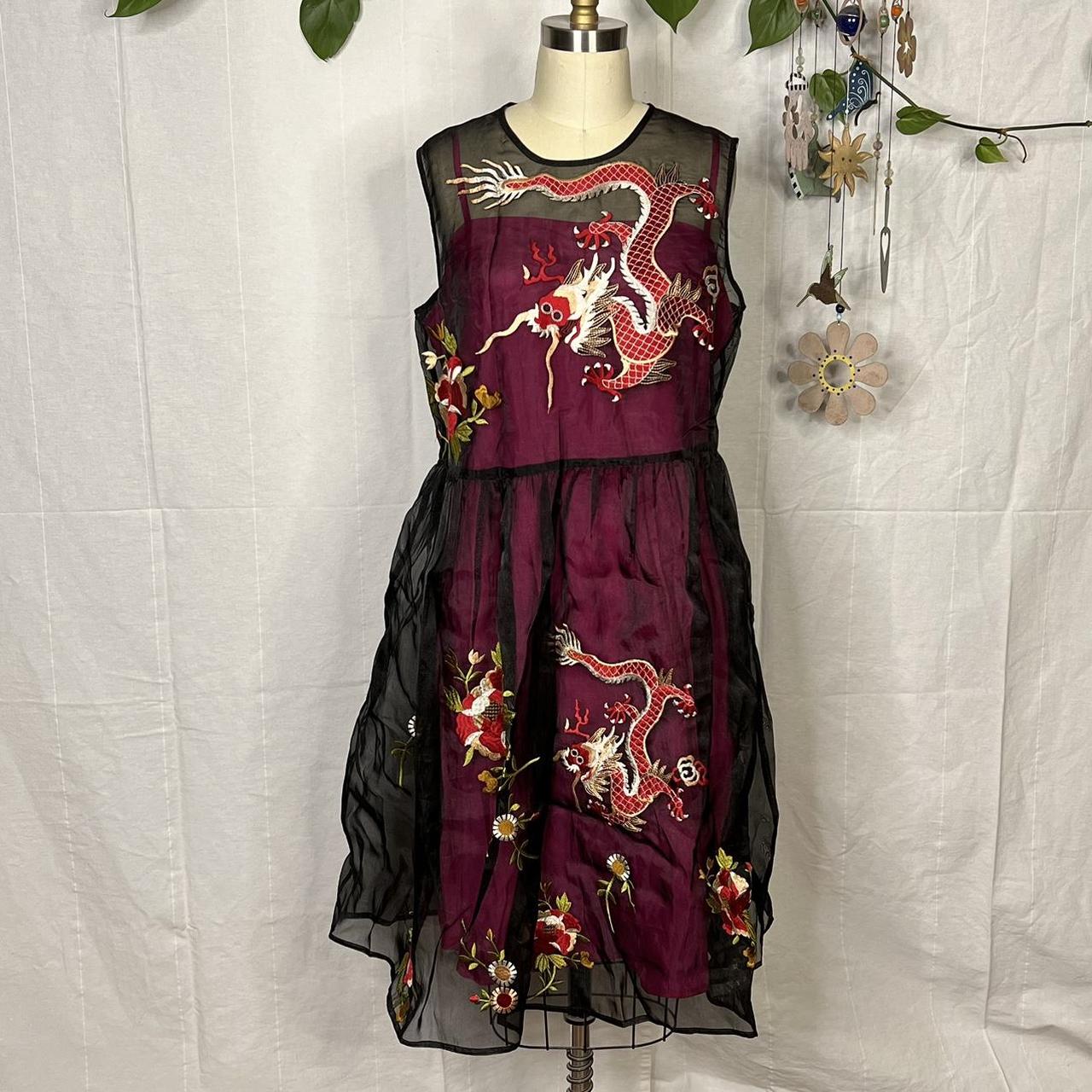 Sheer dragon dress with fuchsia slip. The dragon