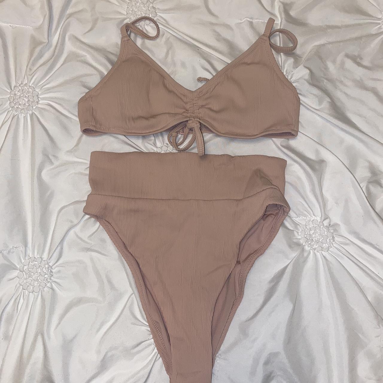 aerie pink ribbed bikini scoop top and bottom size... - Depop