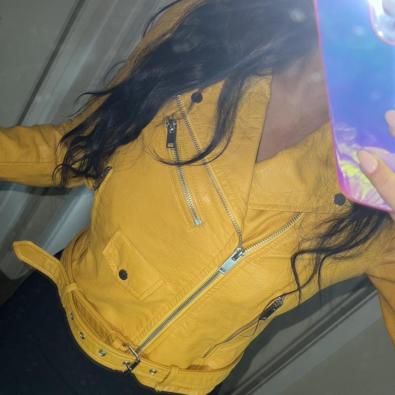 Zara mustard yellow leather jacket with silver... Depop