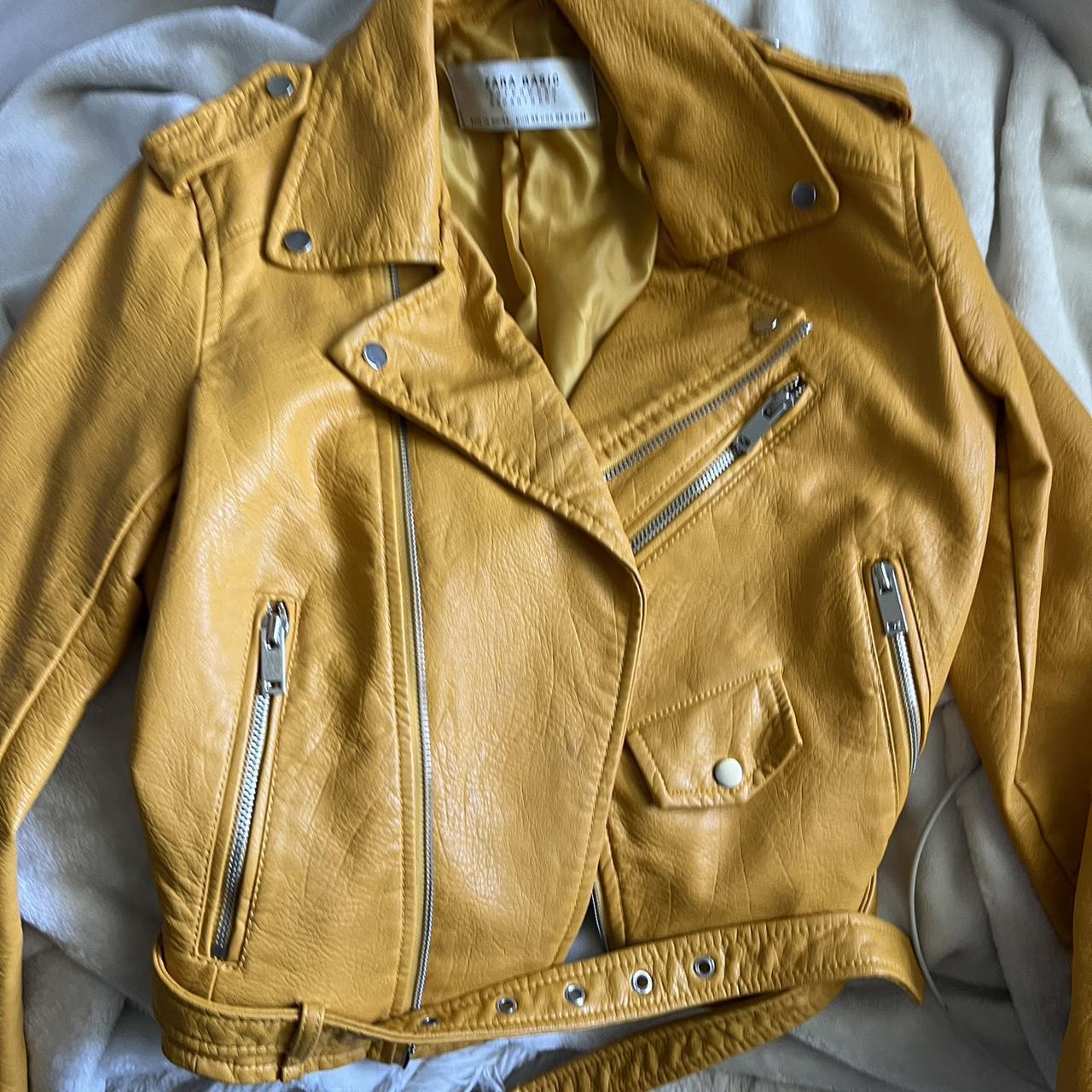 Zara mustard yellow leather jacket with silver... Depop