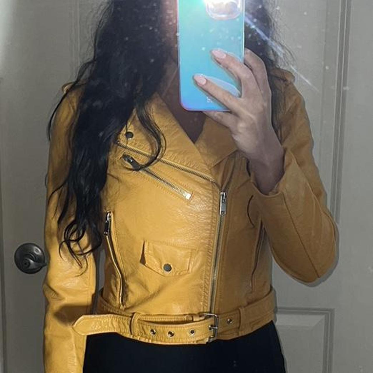 Zara mustard yellow leather jacket with silver... Depop