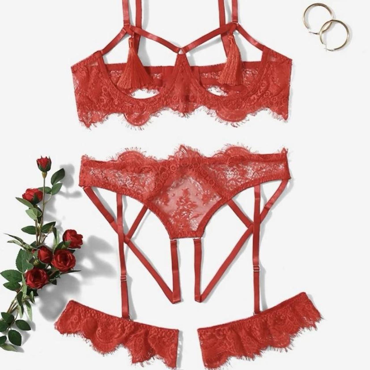 Shein red laced lingerie set Sz: small - Depop