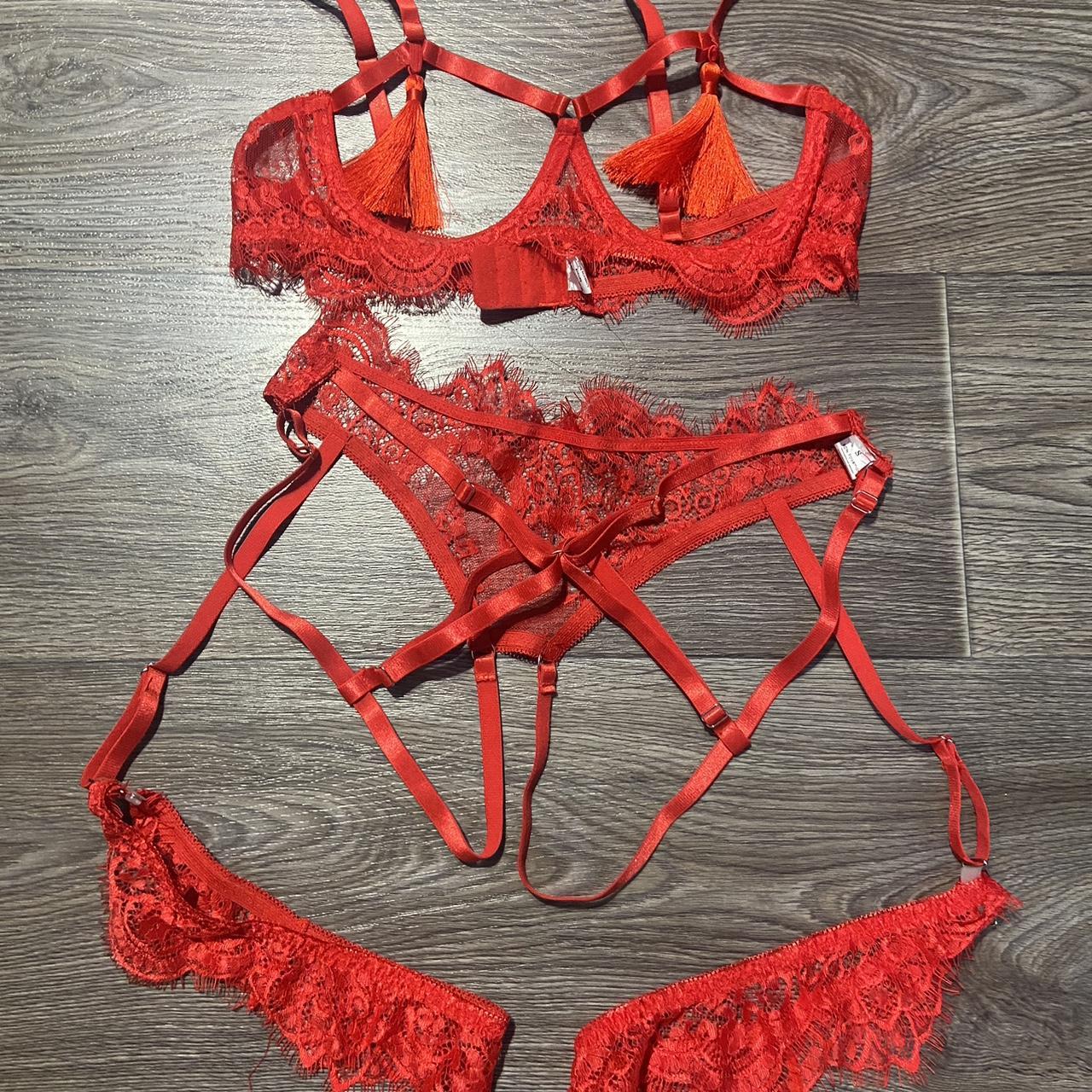 Shein red laced lingerie set Sz: small - Depop