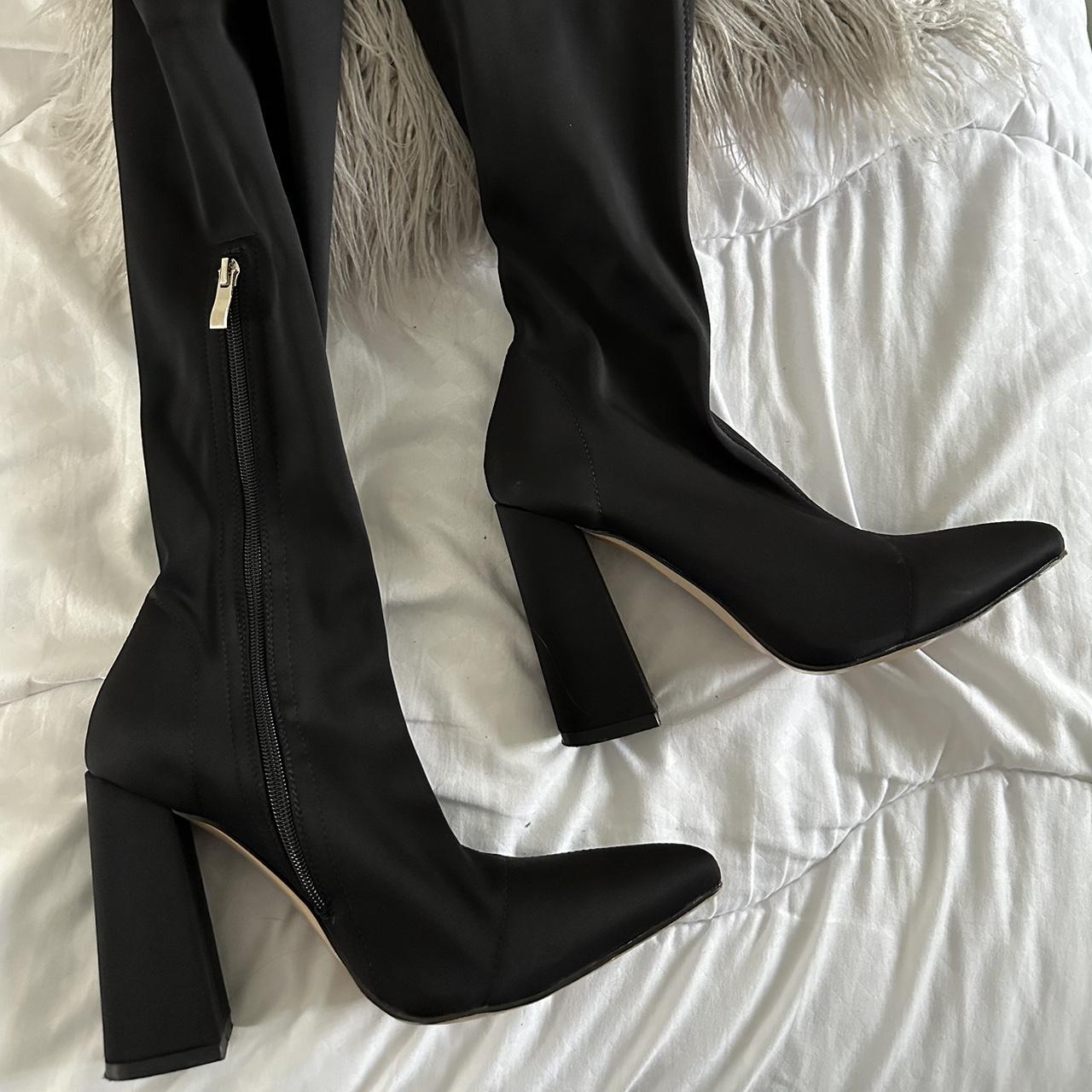 Pretty Little Thing lycra thigh high boots🖤size 6,... - Depop