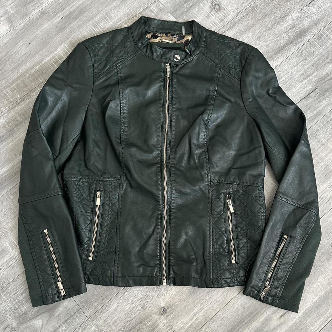 🏍️ WOMENS BLACK RIVET GREEN FAUX LEATHER JACKET 🏍️ -... - Depop