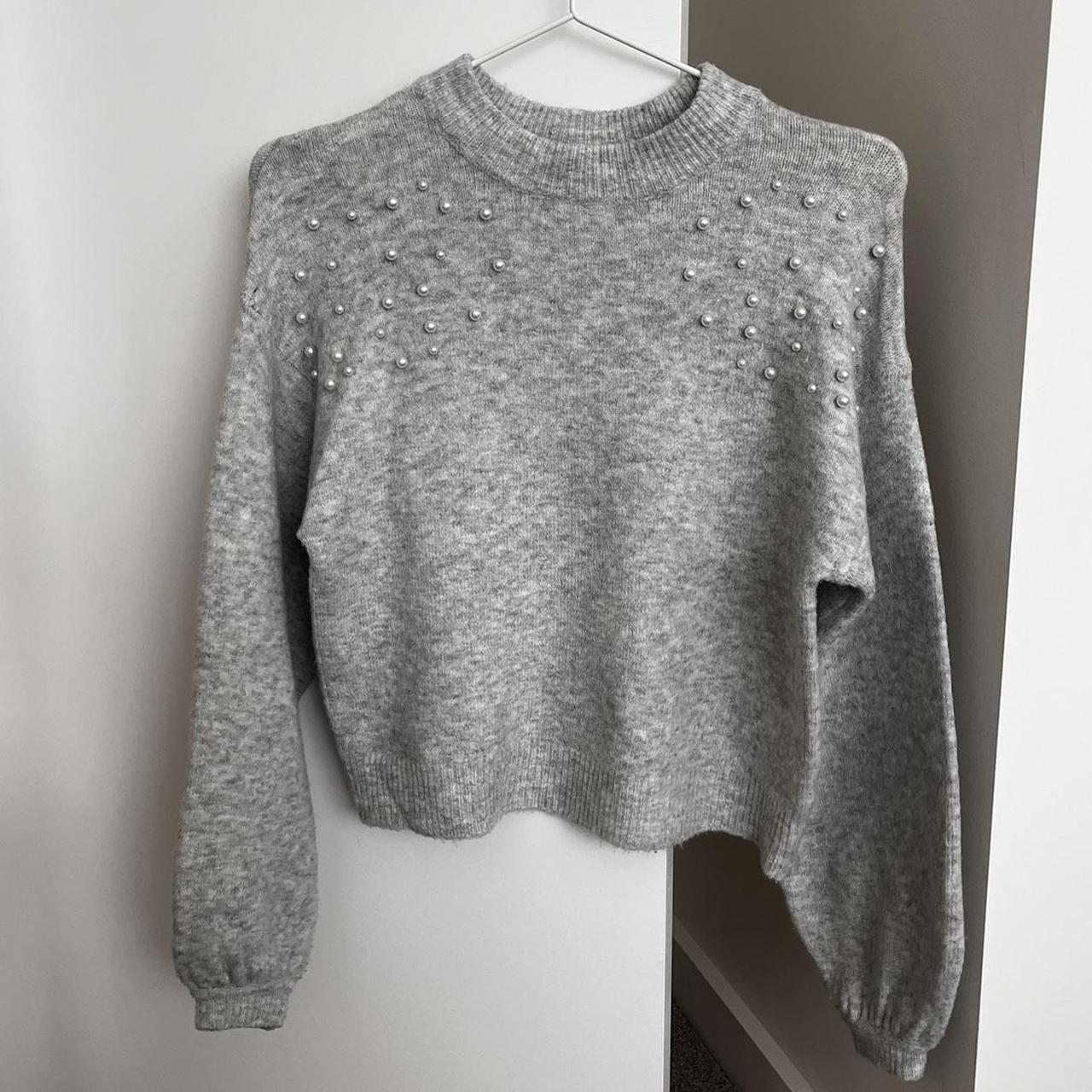 Lily Loves Grey Knit Jumper with Pearls Size 6,... - Depop