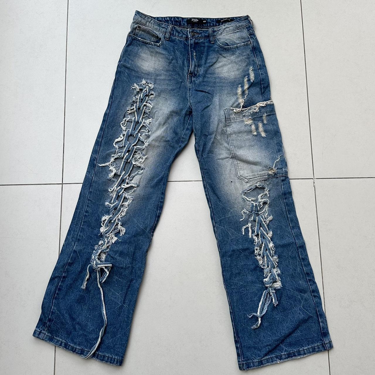 Jaded London Indigo blue wash macrame lace up baggy | Depop