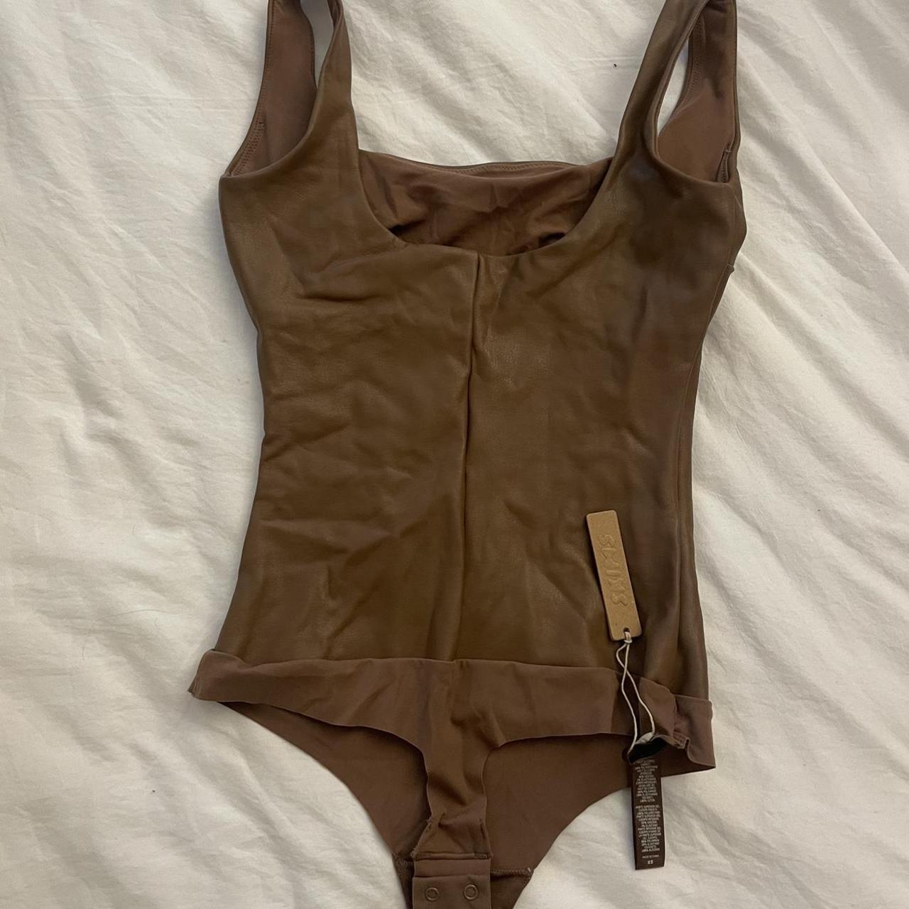 Skims Faux leather scoop dark tan bodysuit women/ - Depop