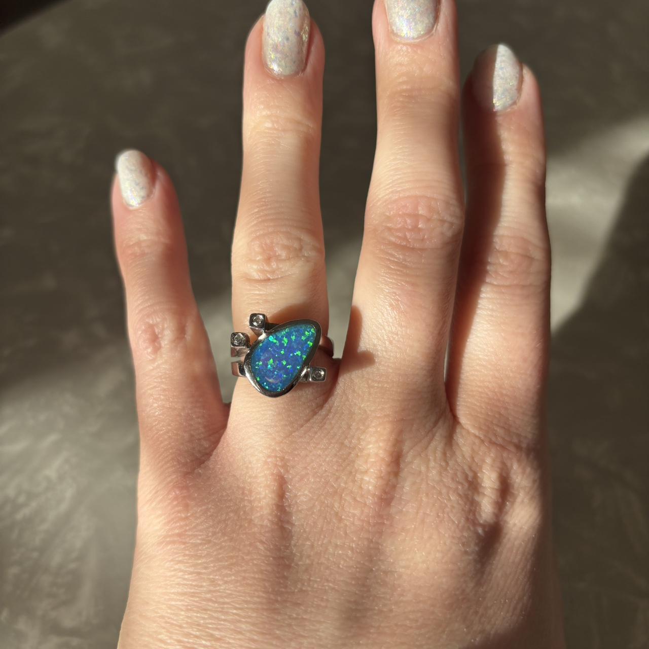 Women's Ring - Blue/Silver – Opal slice ring, ste… - image 1