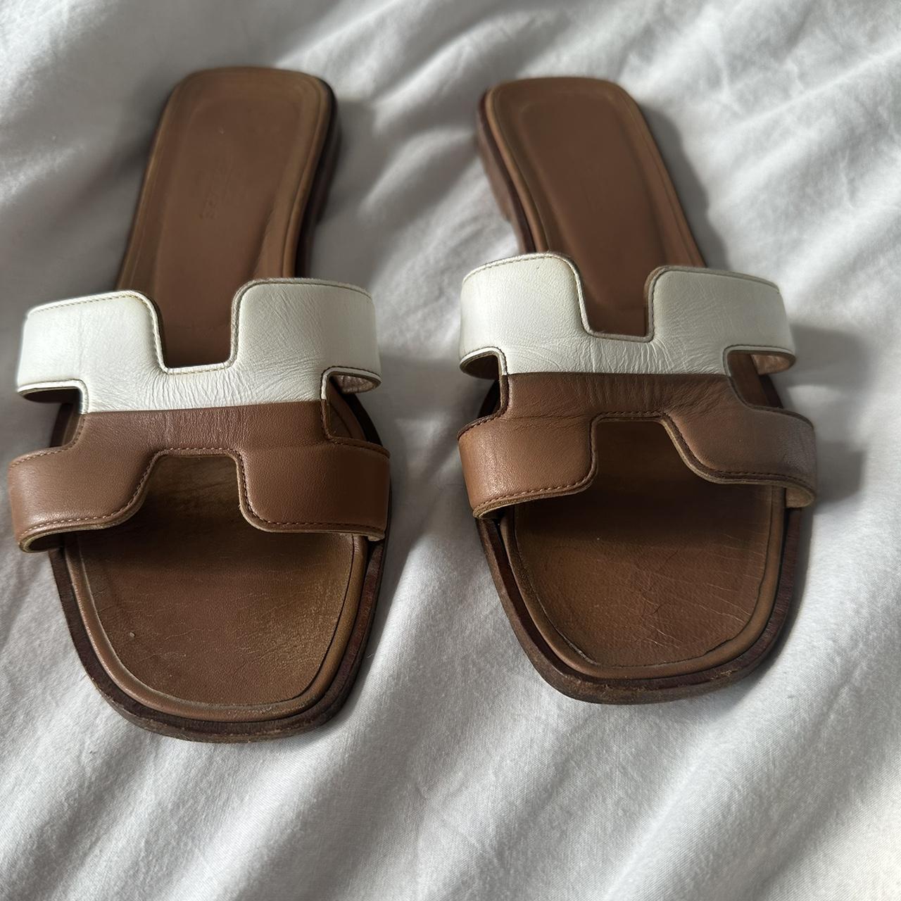 Women's Brown and White Sandals Depop