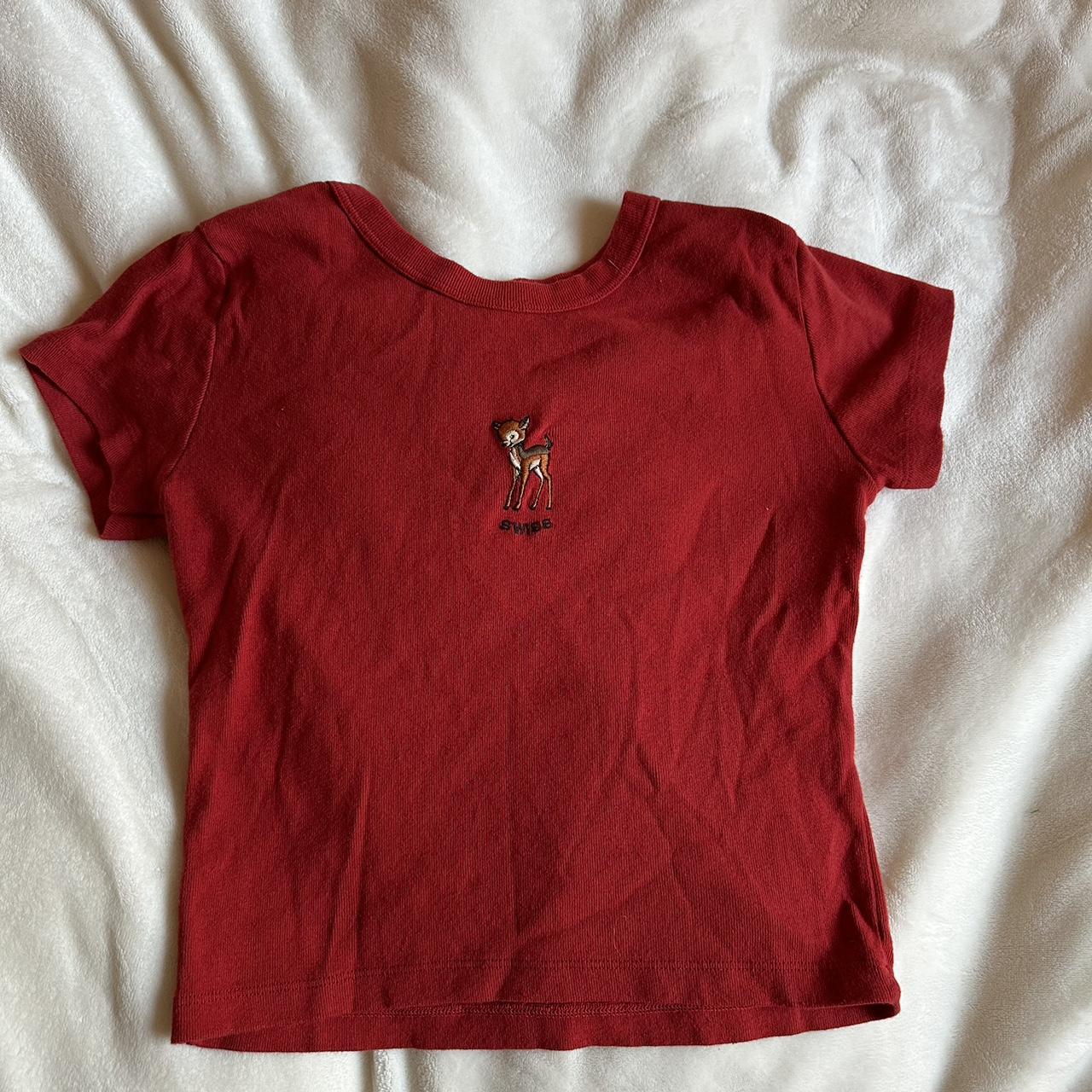 Brandy Melville deer swiss red baby tee. #johngalt... - Depop