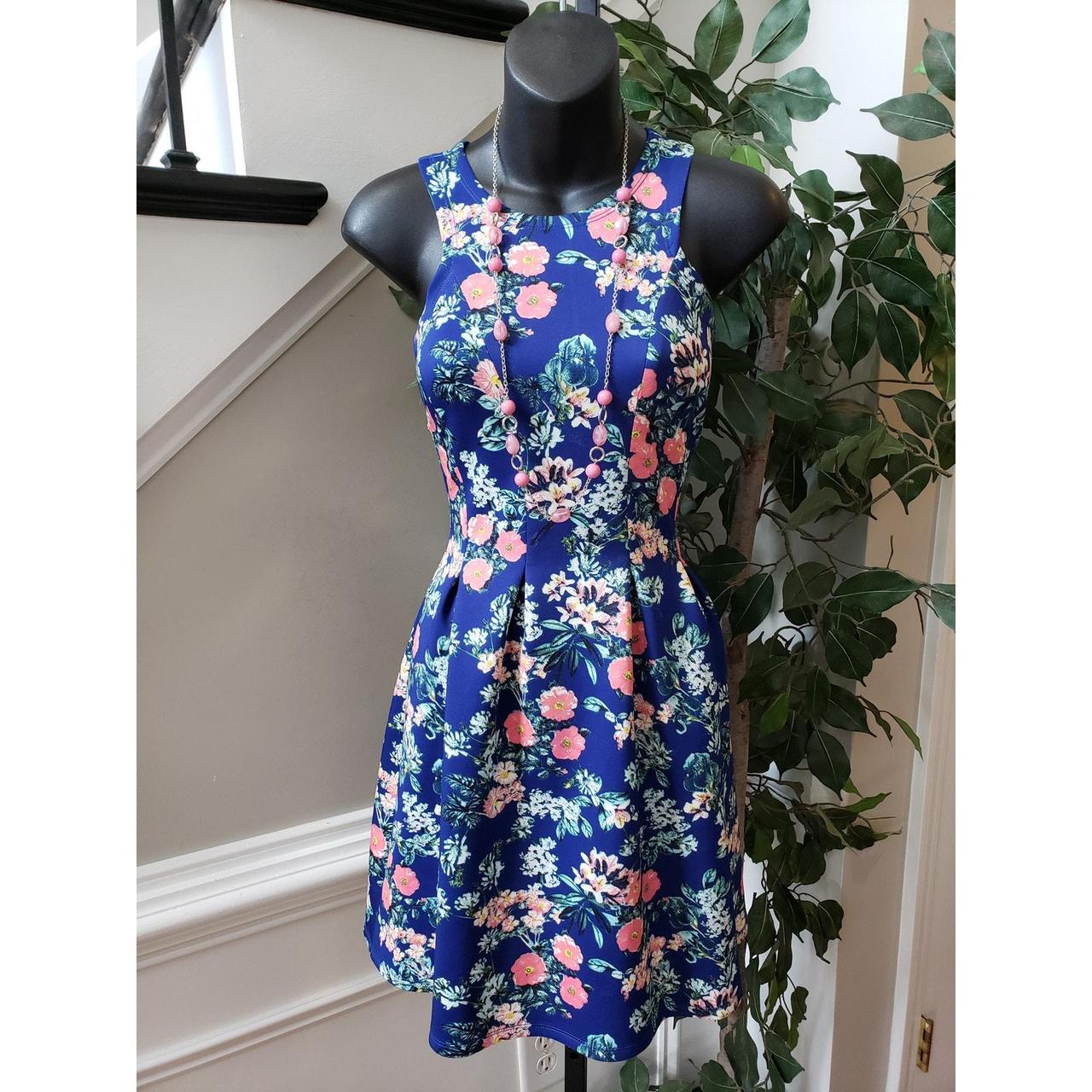 Pink Rose Women's Blue Floral Fit & Flare Dress, Small, Polyester