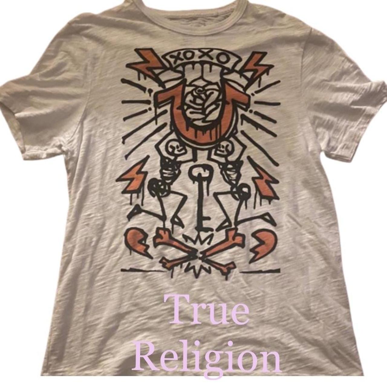 white and orange true religion shirt