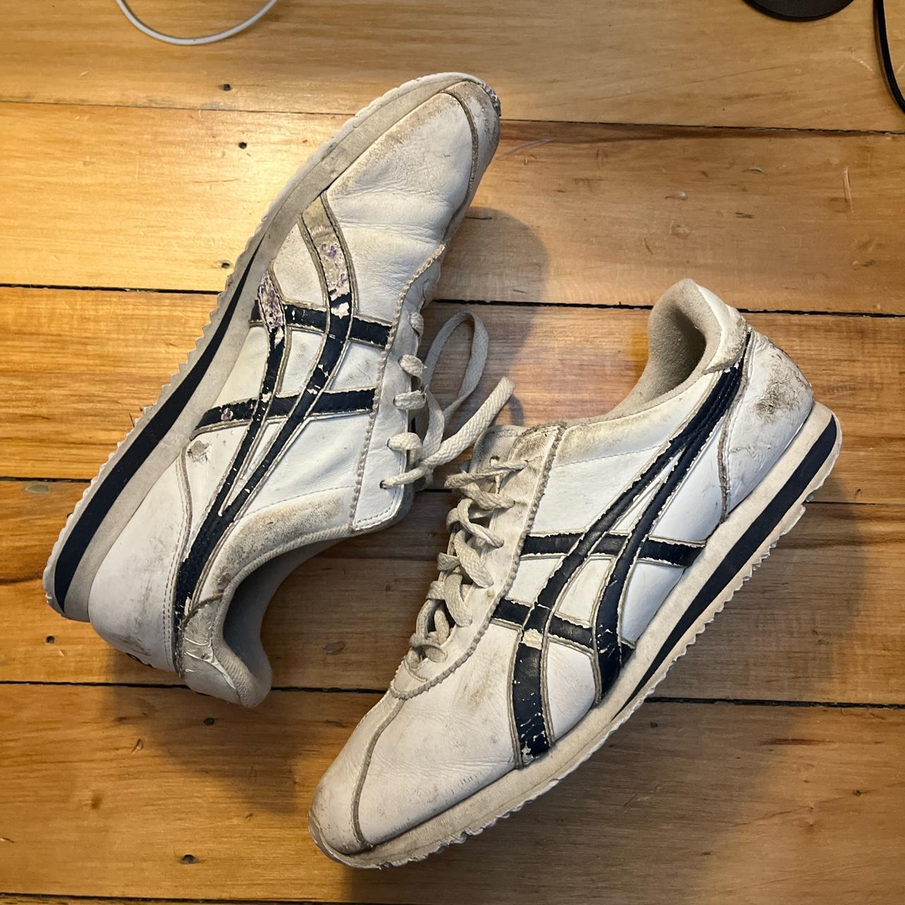 Vintage 1990s Asics / Onitsuka Tiger white and navy... - Depop