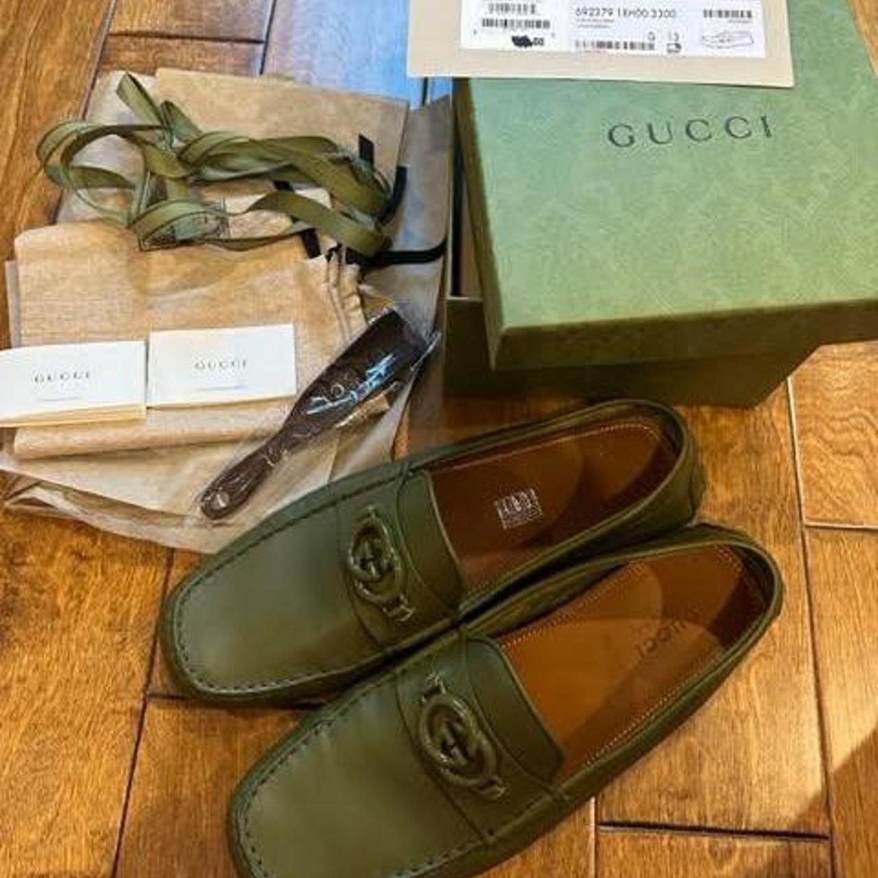 GUCCI Juniper Green Leather Men's Driver With... - Depop