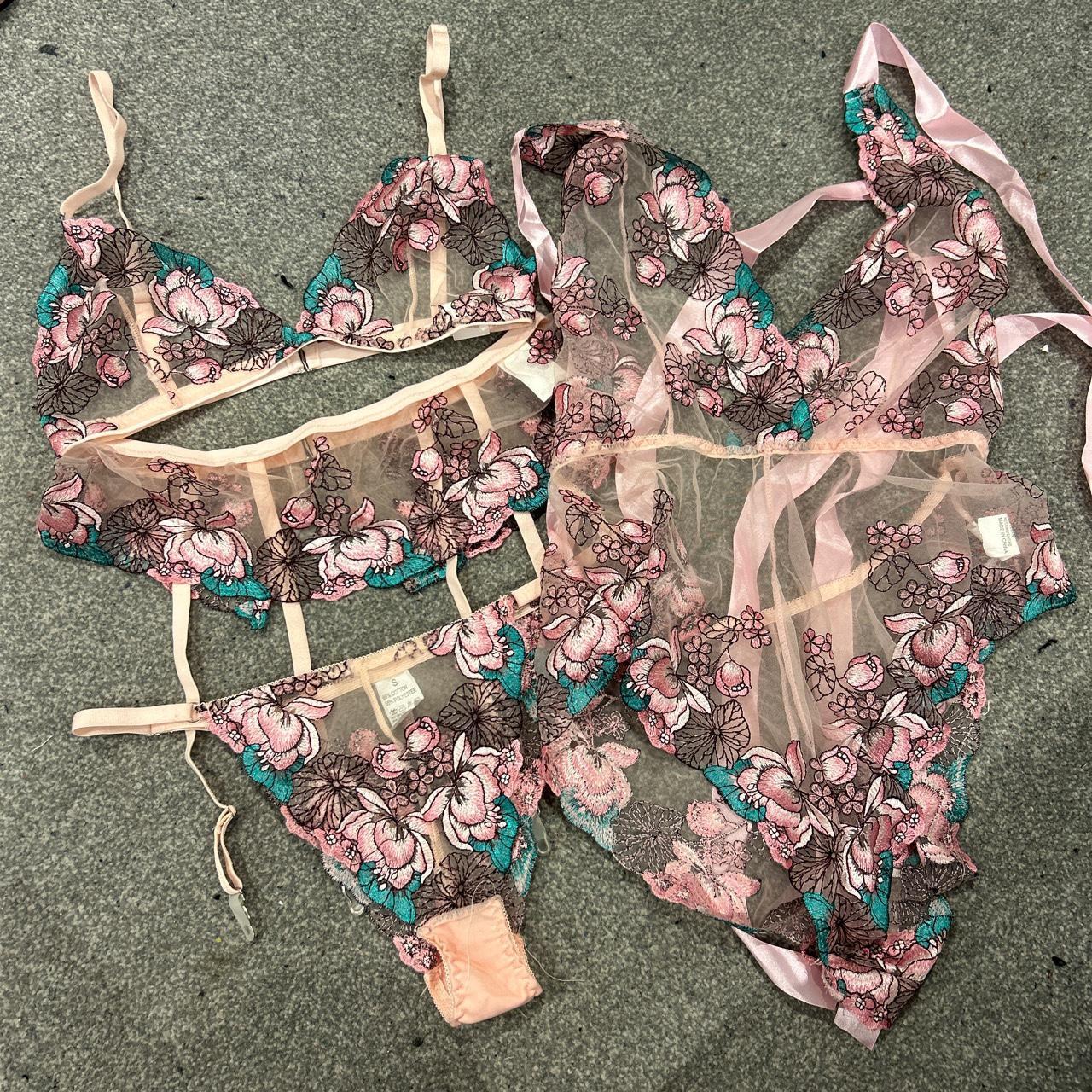 Shein pink floral mesh 3 piece underwear set. Briefs... Depop