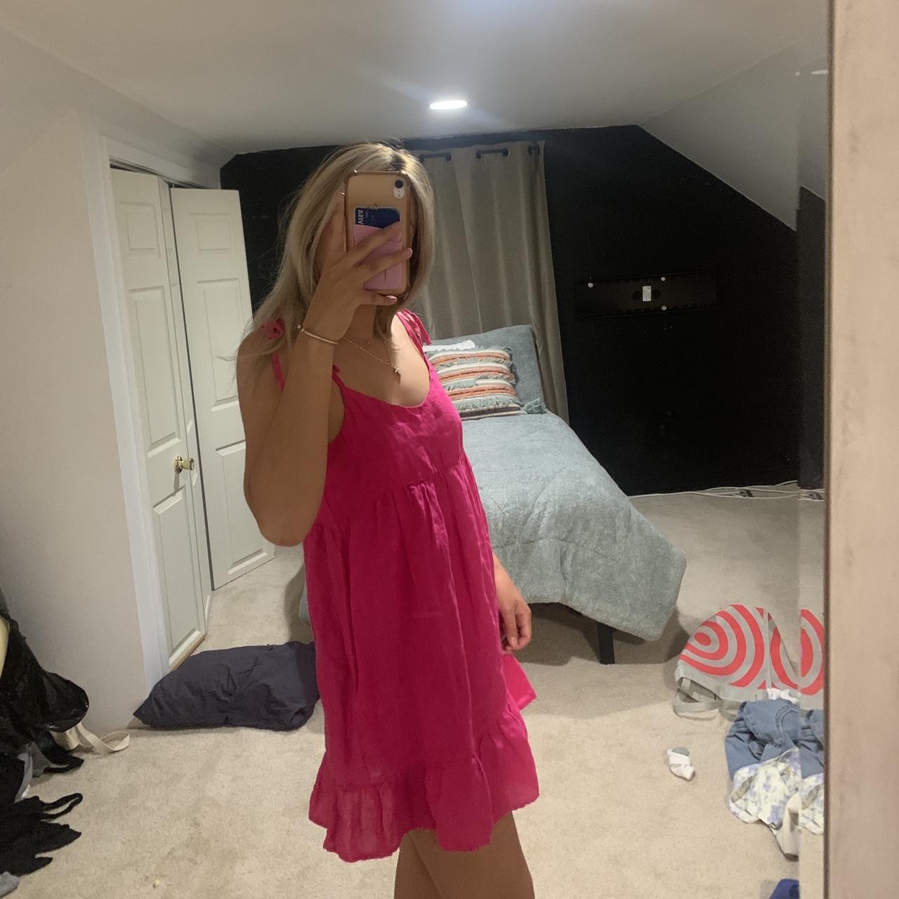 zara bright pink lineny material dress size xs but... Depop