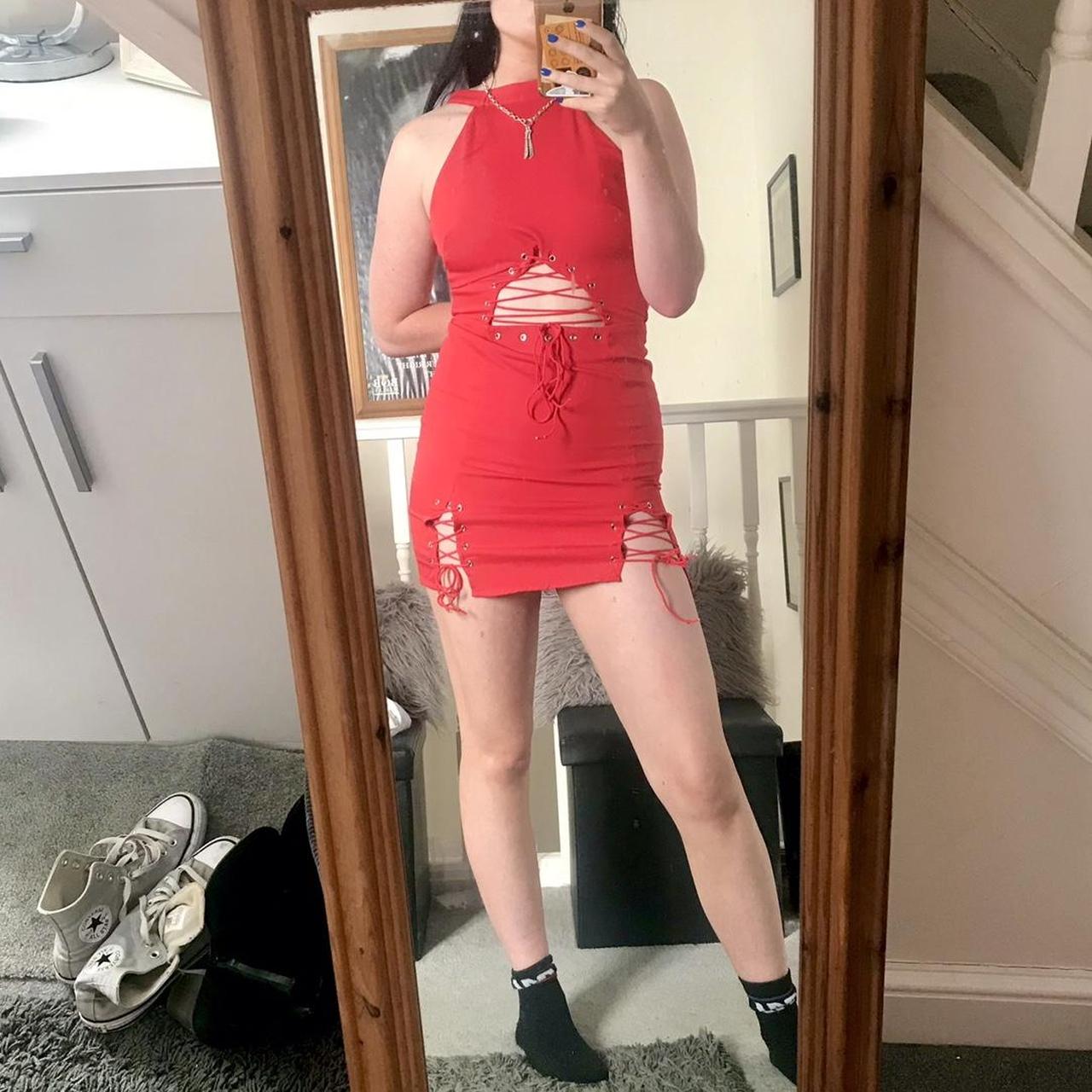 Red high neck mini bodycon dress with tie detailing.... - Depop