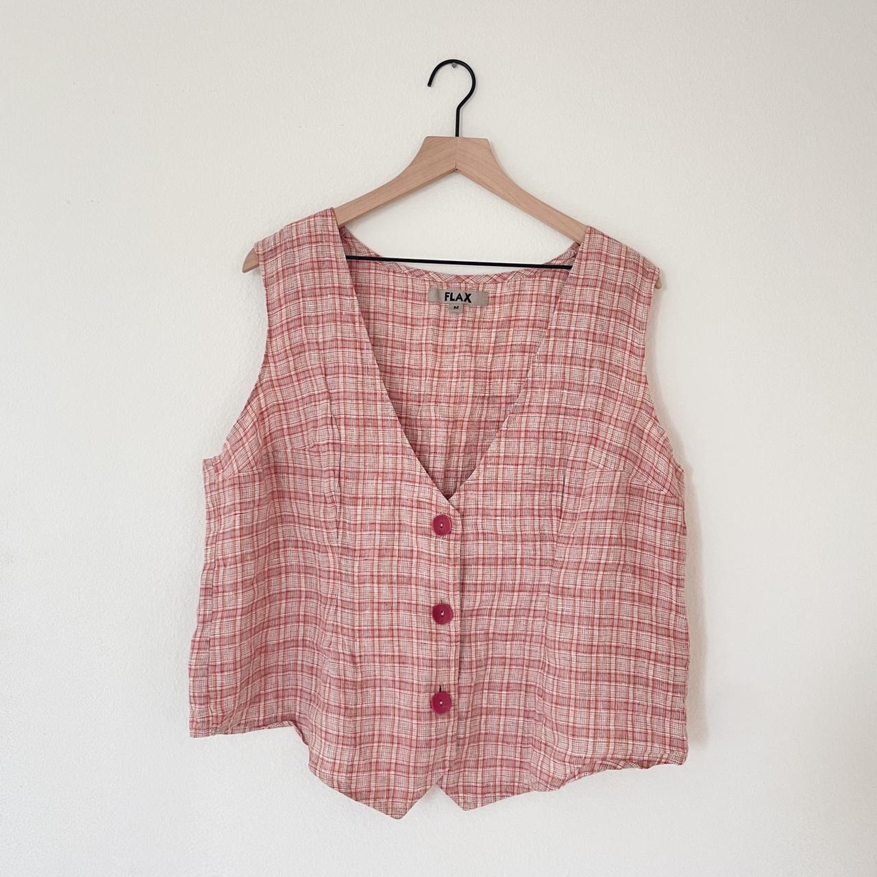 Flax linen button up vest top mini grid checkered... Depop