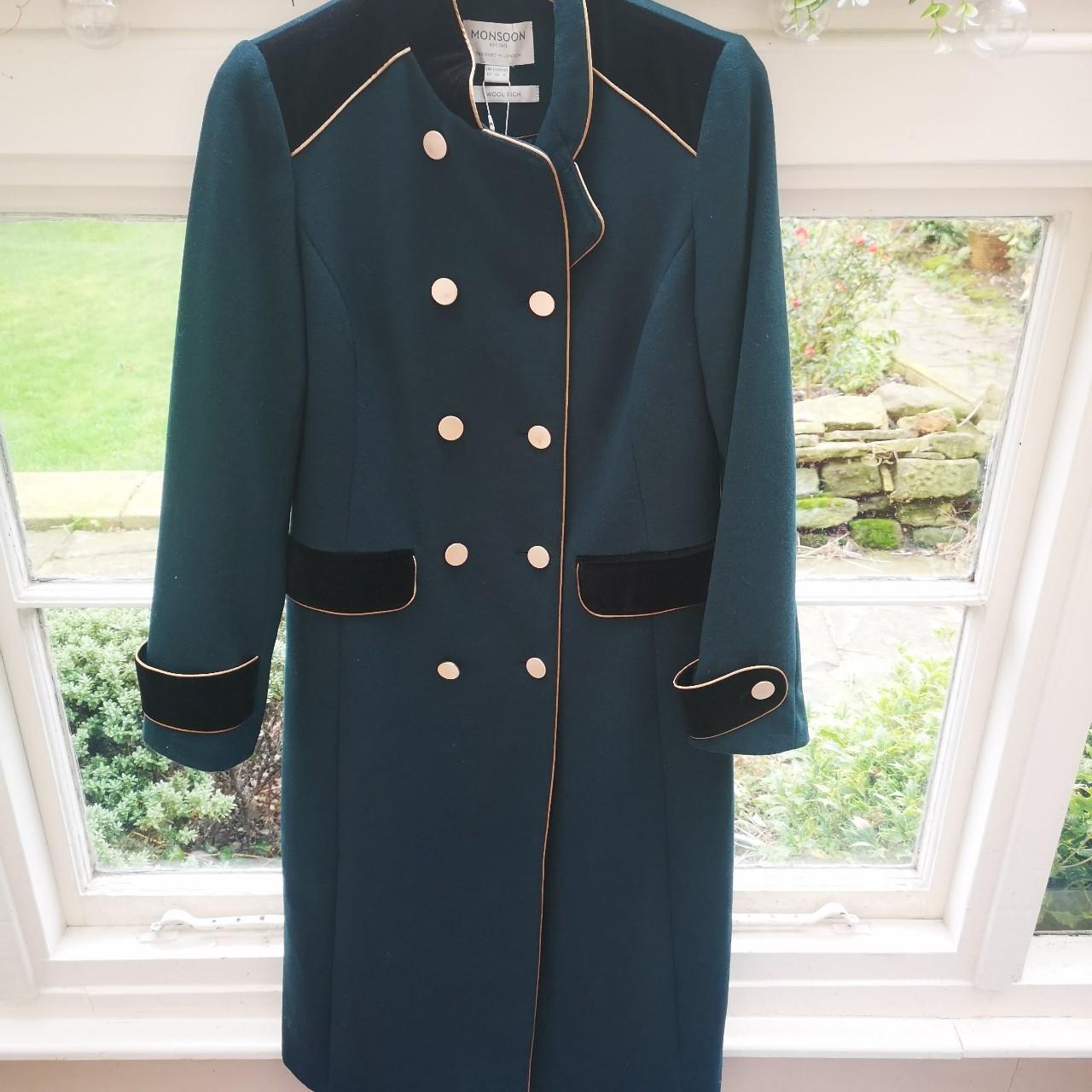 Monsoon Women's Green and Black Coat Depop