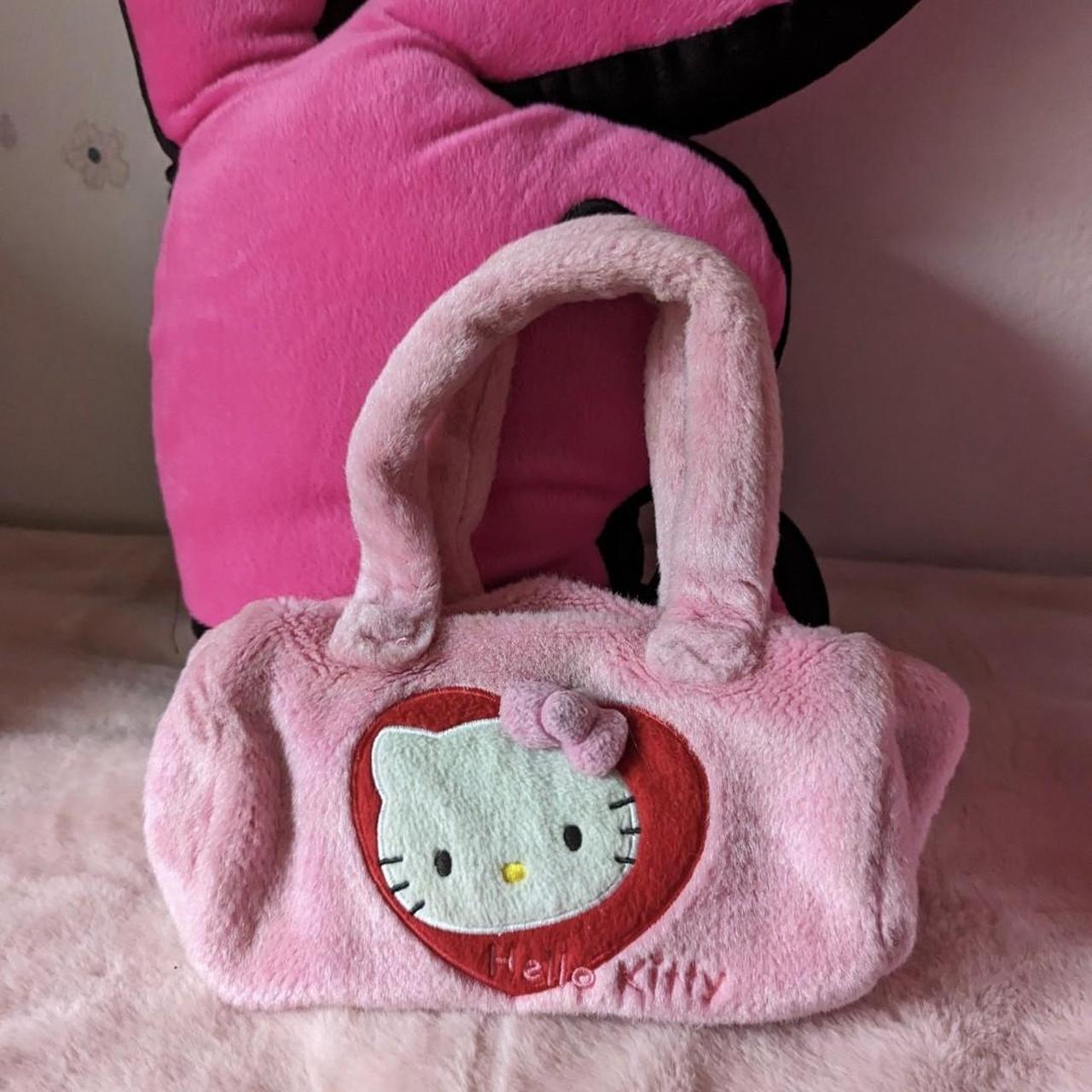hello kitty pink purse barrel shape faux fur a... - Depop