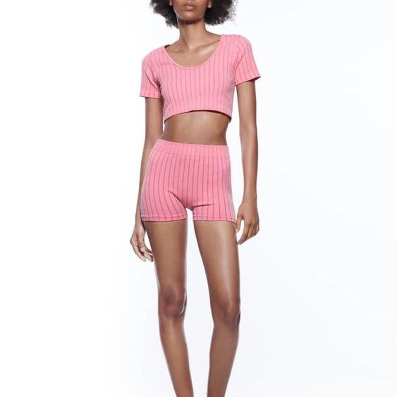 Zara seamless pink ribbed set. Shorts and top are - Depop
