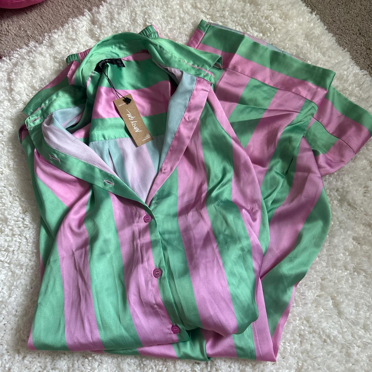 Oversized pink and green silk pajama set. Never worn... - Depop