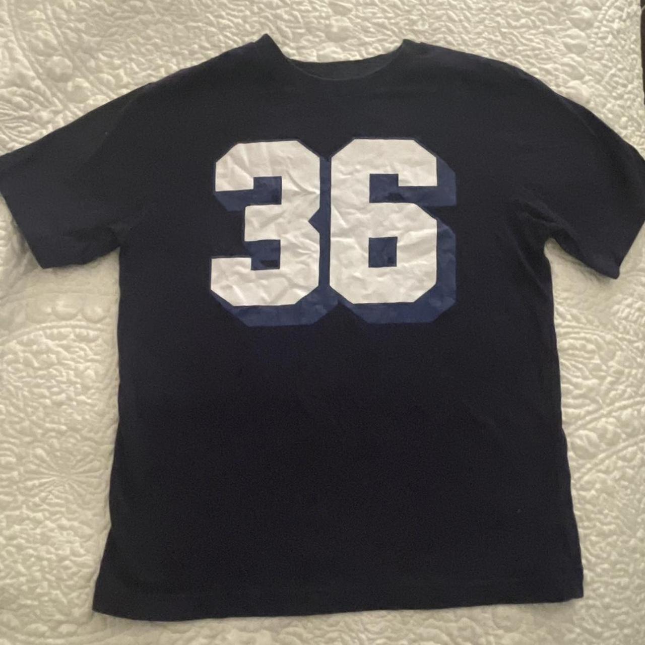 Navy, blue and white jersey letter baby tee. Super... - Depop