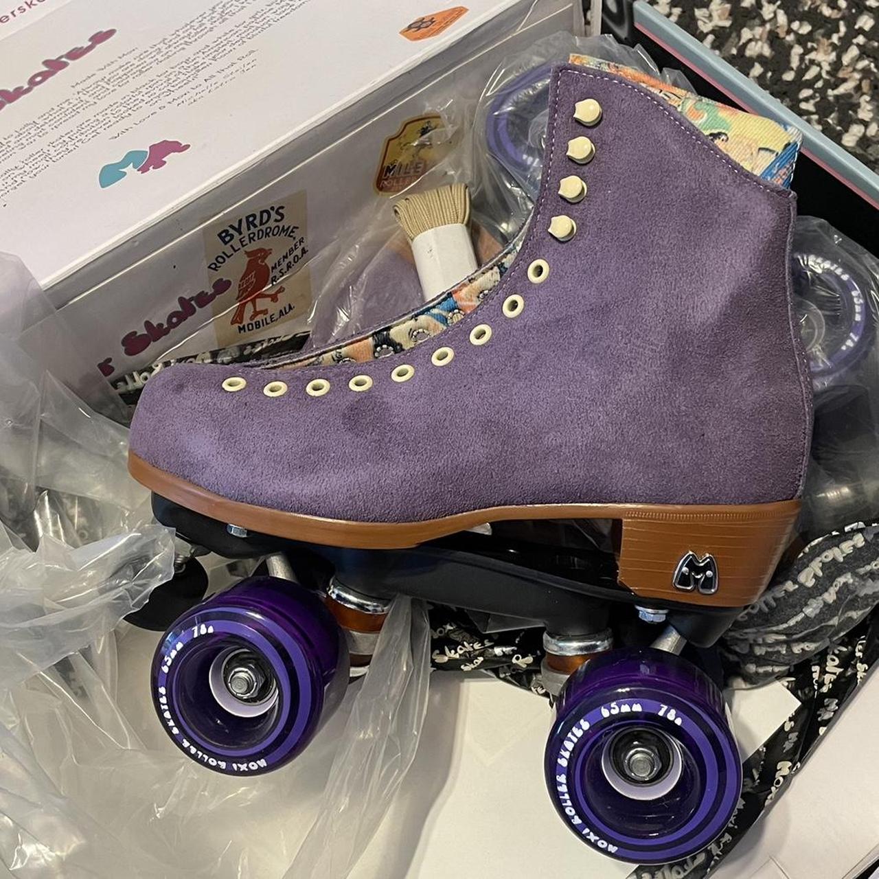 PURPLE LAVENDER MOXI LOLLY SUEDE ROLLER SKATES in... Depop
