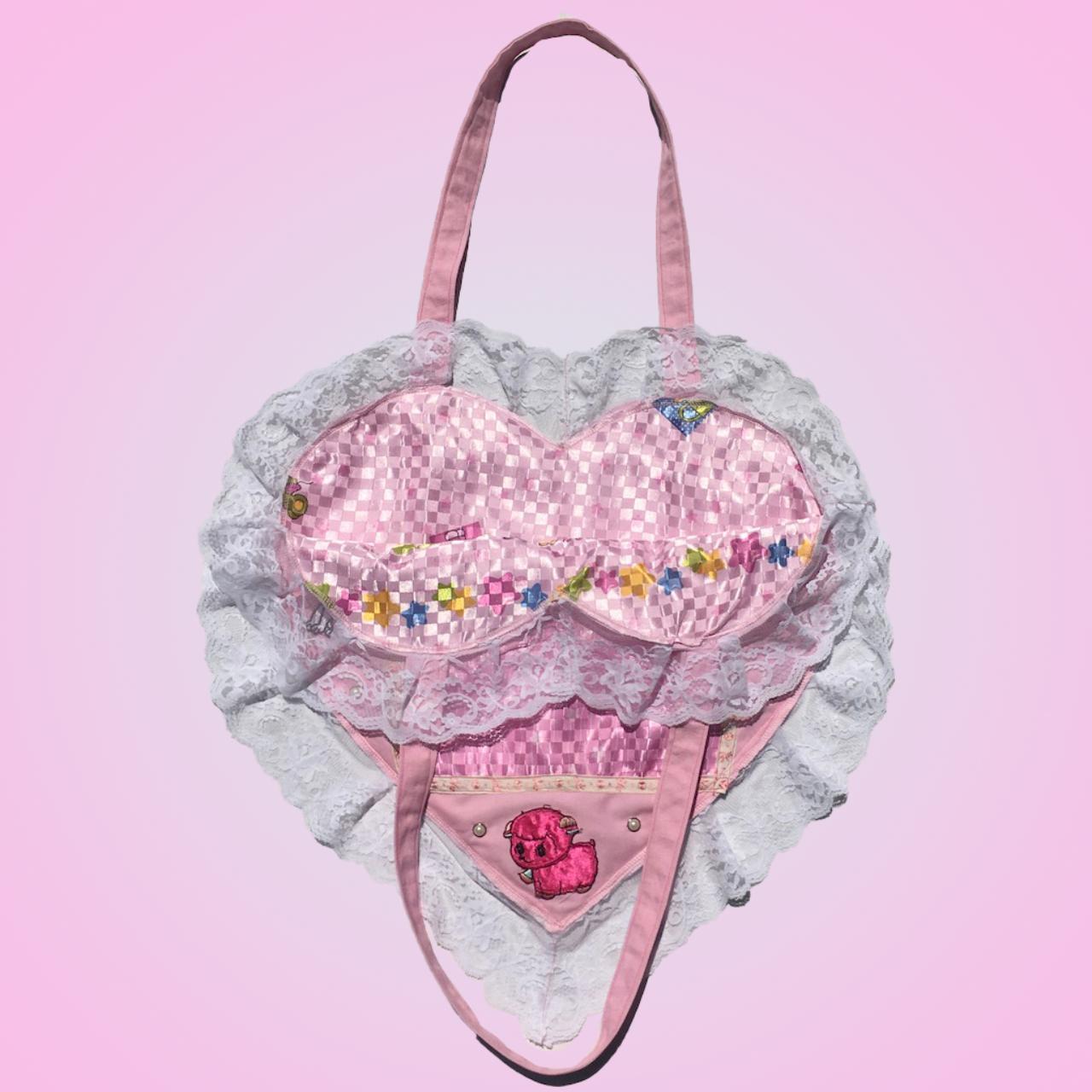 baby pink heart tote bag handmade by me!! pink bear... - Depop