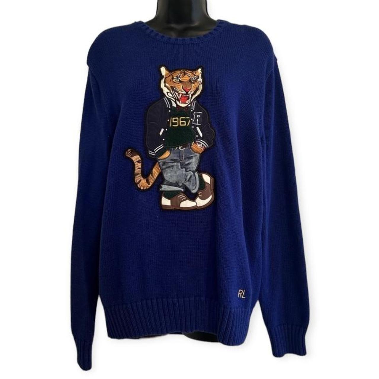 Vintage blue embroidered tiger sweater Size: M... - Depop