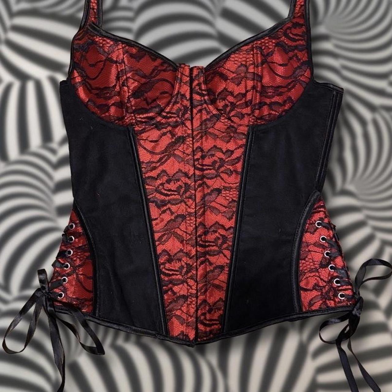 Red and Black lace overbust corset Not Frederick’s... - Depop