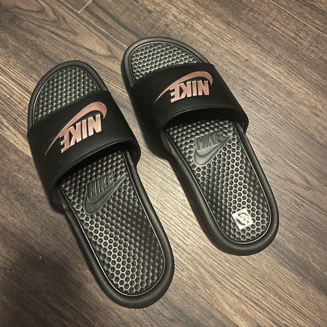 Rose gold and black nike slides sale