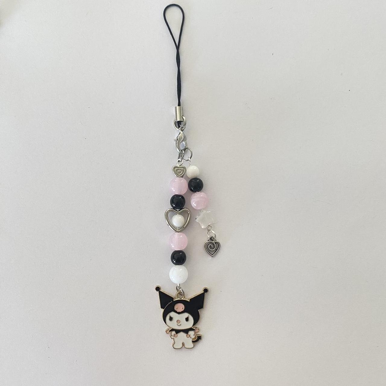 kuromi pink, black & white beaded phone charm!... - Depop