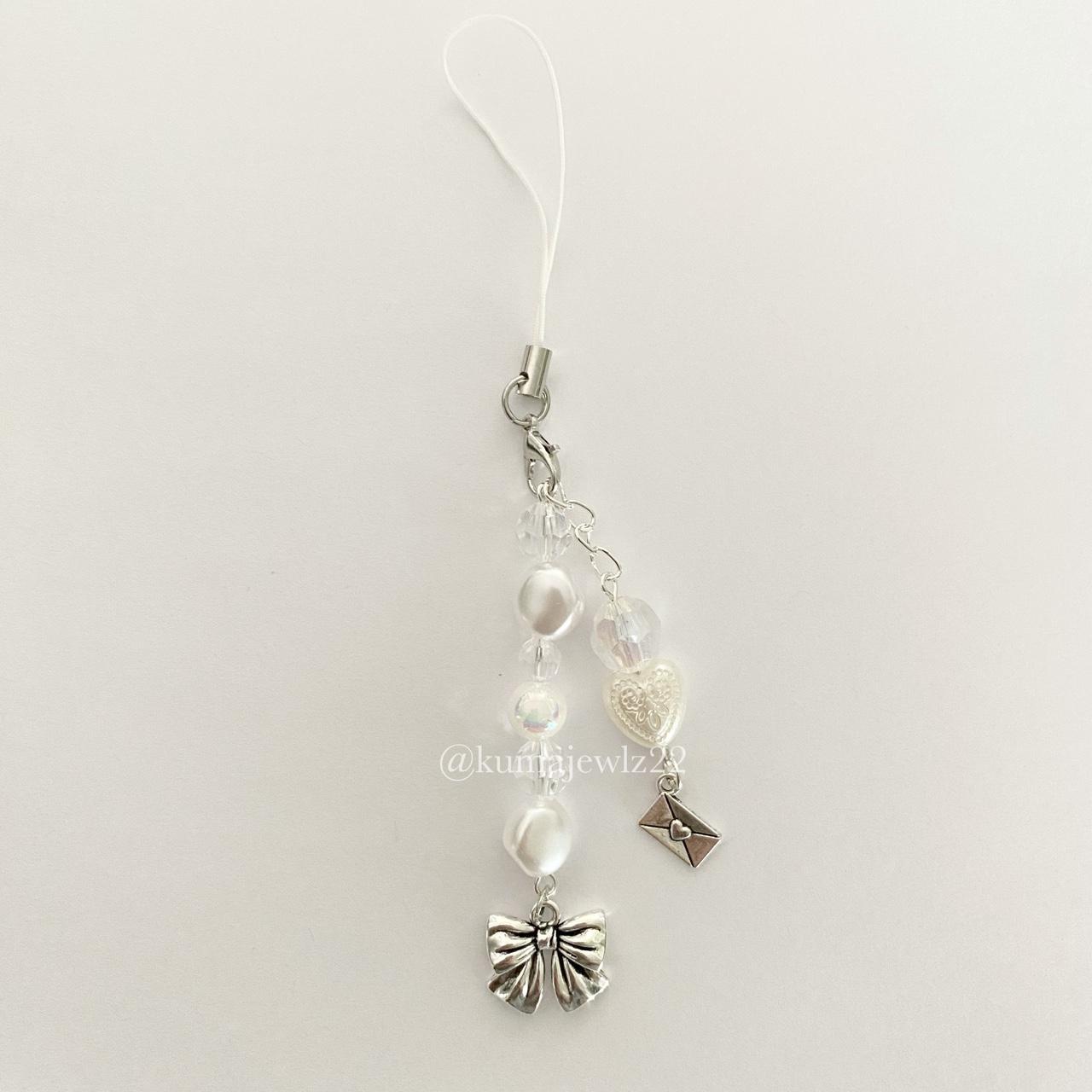 pearl phone charm with bow and love letter charm... - Depop