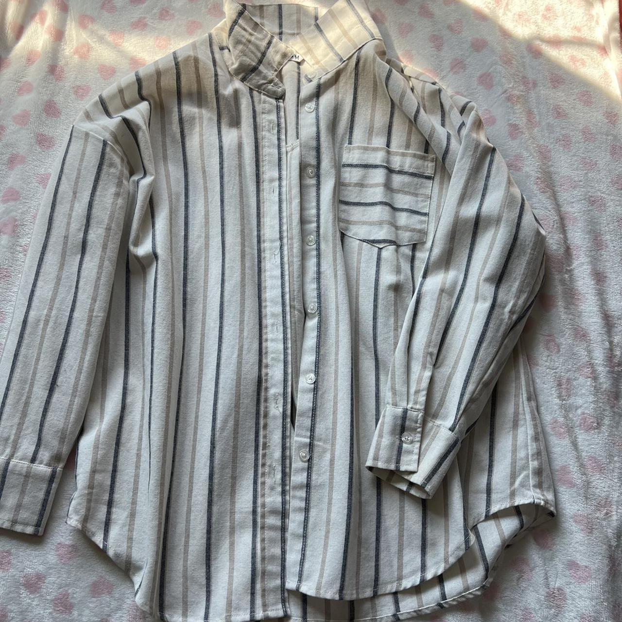 White stripped button up 🤍 (gray and brown stripes)... - Depop
