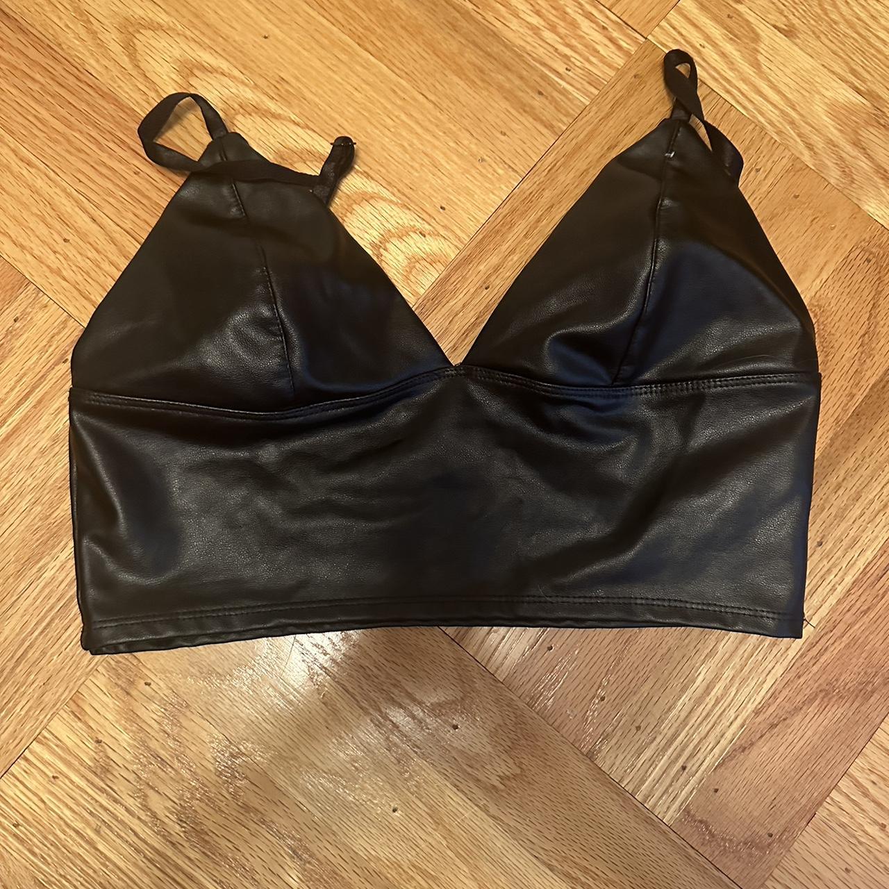 garage faux leather crop top with adjustable straps - Depop